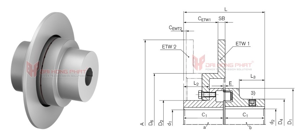 Technical drawing of elastomer jaw couplings TNM ETW