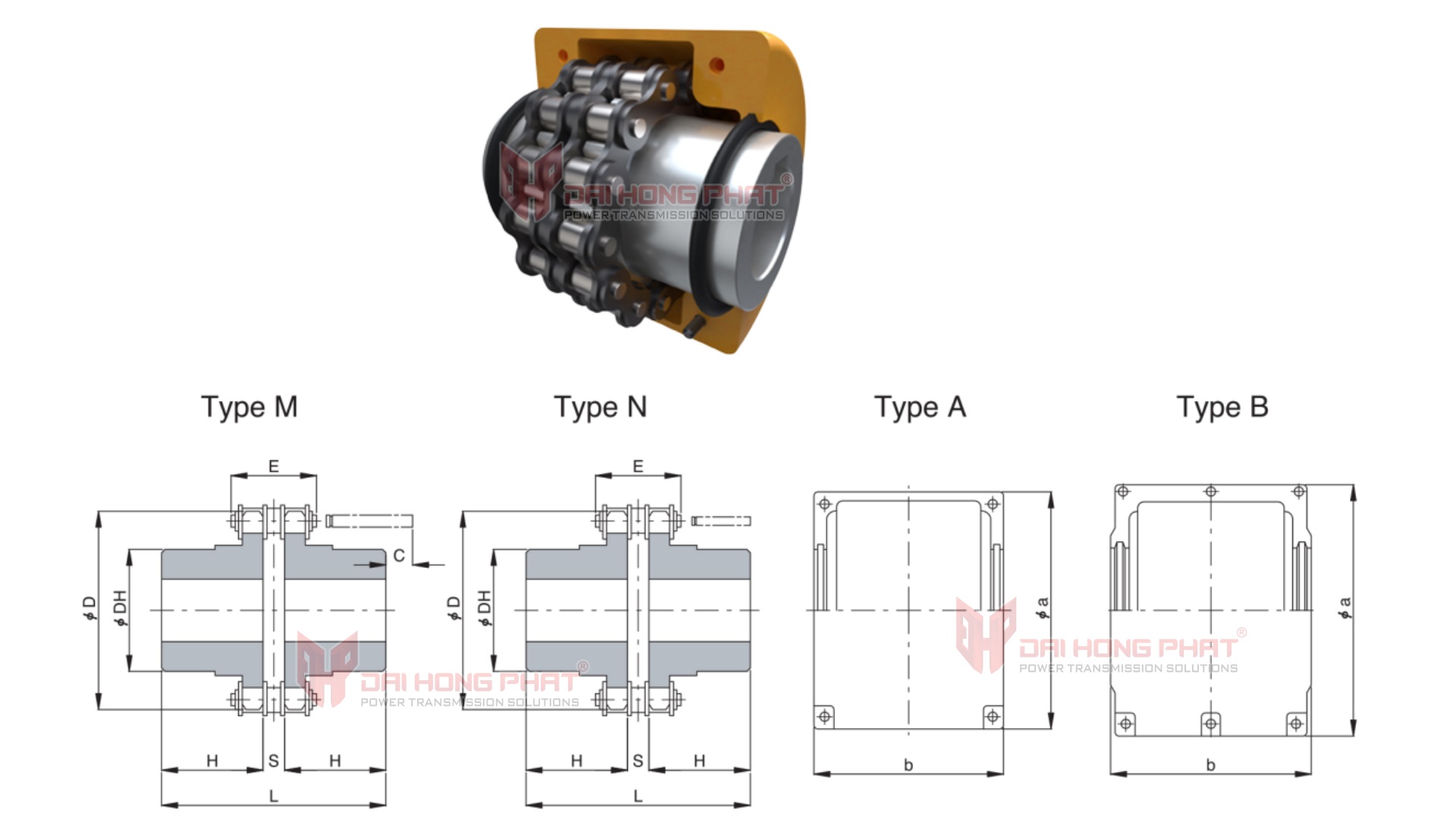 Technical drawing of the PTI Roller Chain Couplings