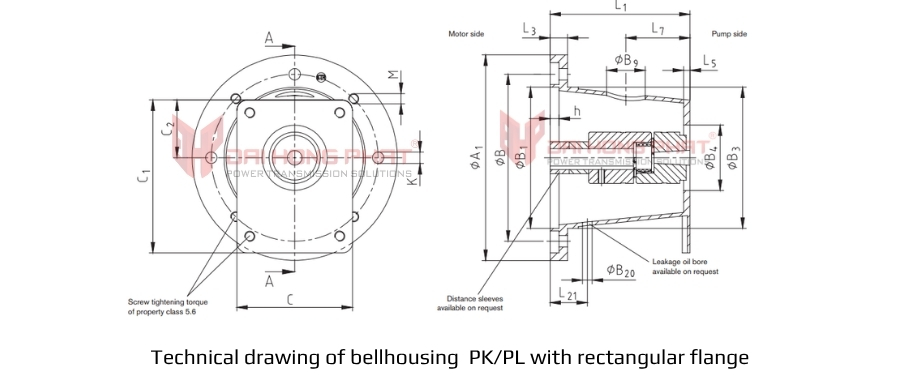 Technical drawing of bellhousing PK/PL with rectangular flange