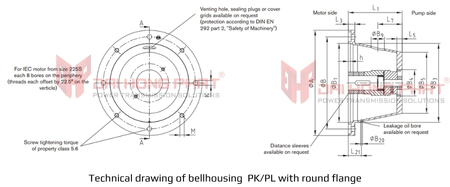 Technical Drawing Of Bellhousing PK/PL with Round Flange